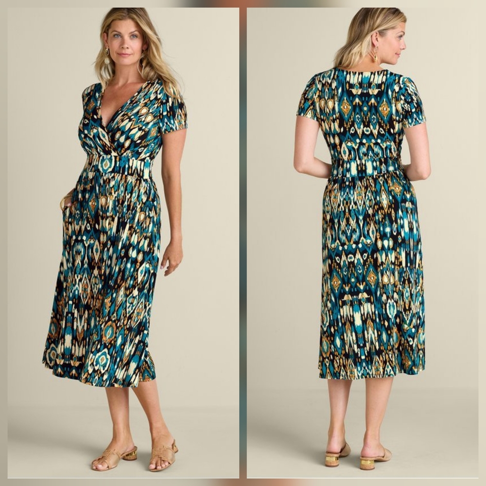 SOFT SURROUNDINGS Dress Womens LP Blue Knit Ikat Midi Boho Chic Travel Lagenlook